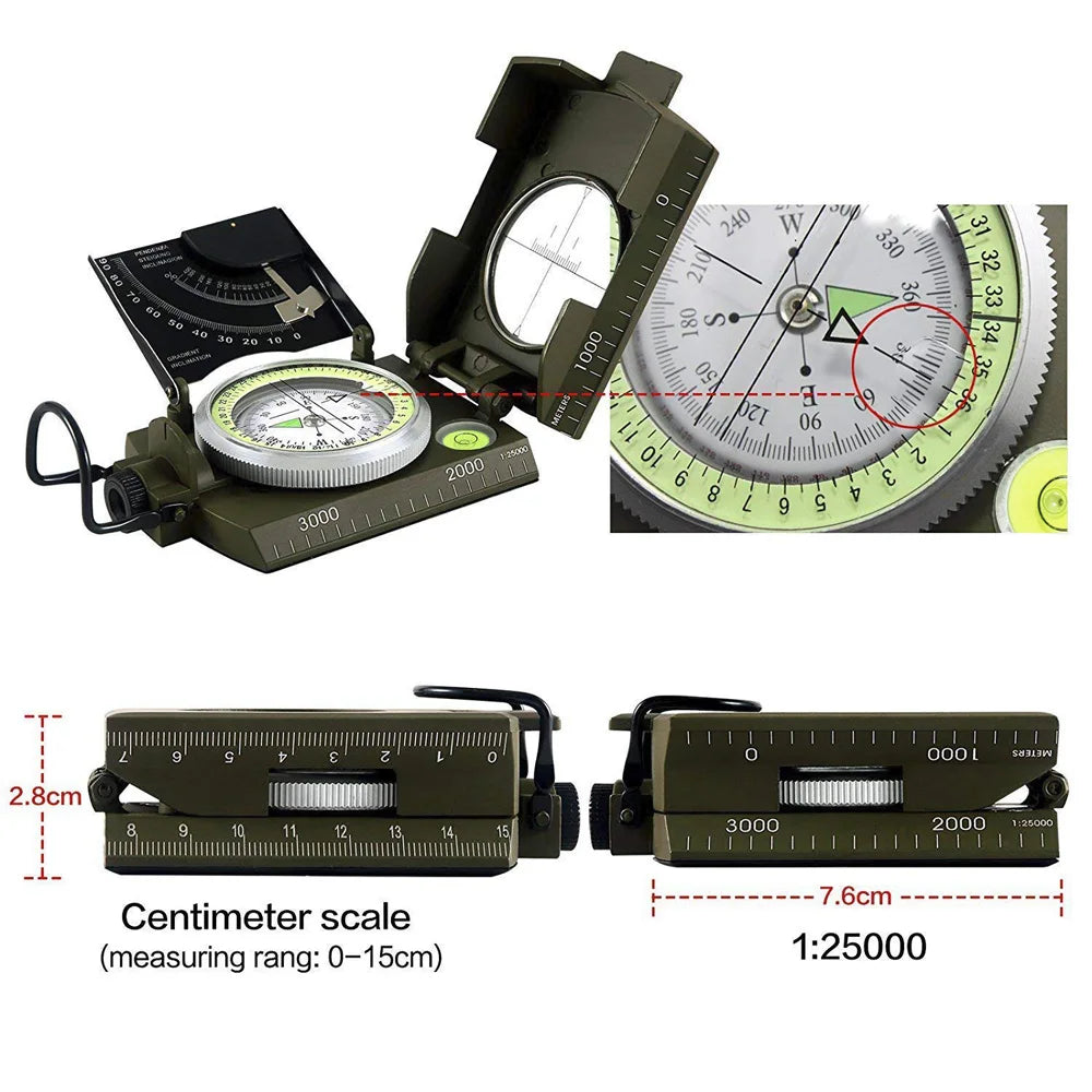 Mulitifunctional High Precision Outdoor Survival Military Compass Camping Waterproof Metal with Fluorescent Geological Compass