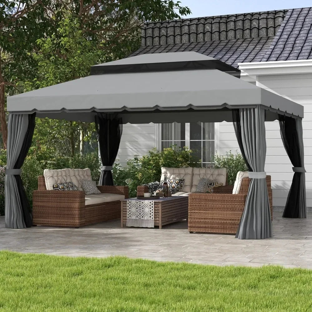 10' x 13' Patio Gazebo, Outdoor Gazebo Canopy Shelter with Netting and Curtains, Aluminum Frame for Garden, Backyard and Deck