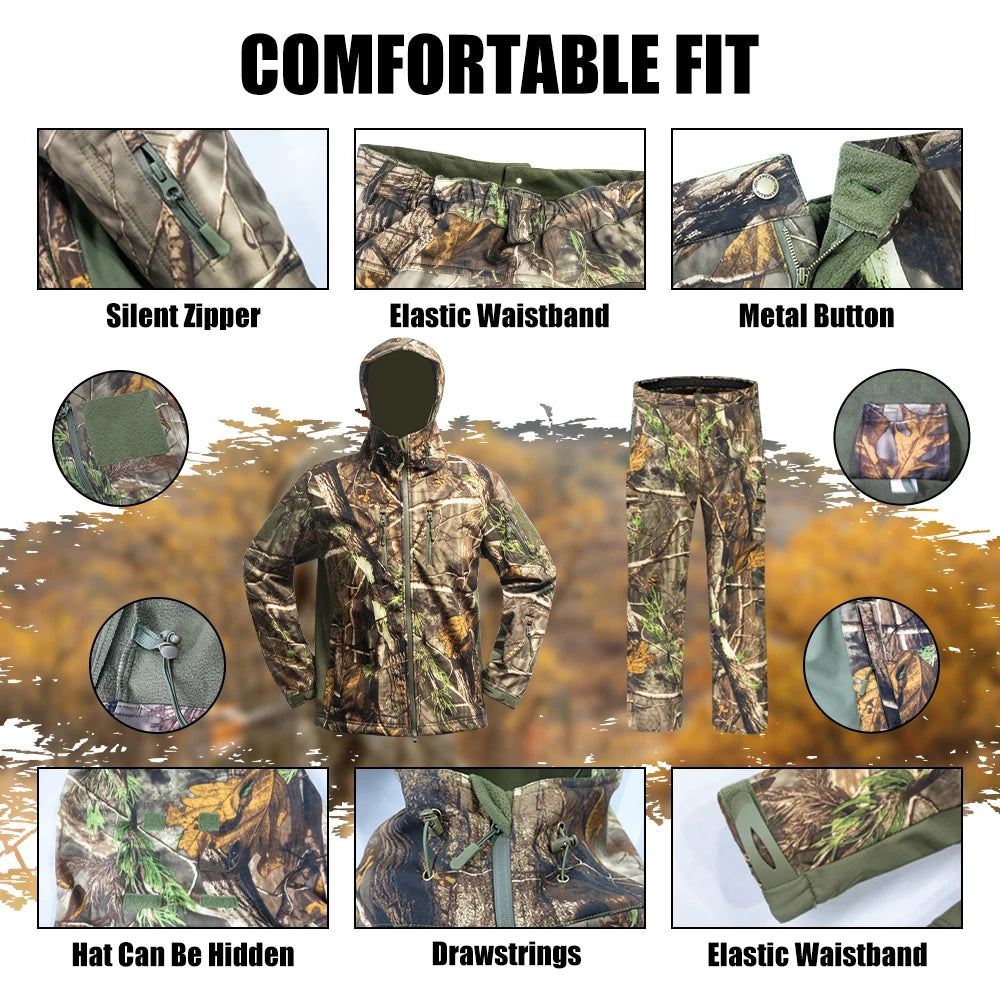 Multifunctional Hunting Clothes with Fleece Lining Safety Strap Compatible Water Resistant Silent Hunting Jacket and Pants