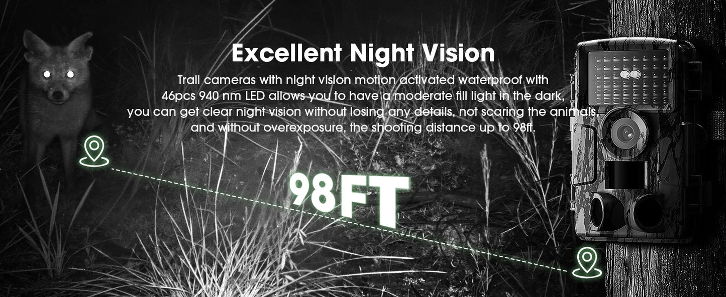 Night Vision 4K 48MP 130°Wide-Angle Game Camera Motion Activated Hunting Camera ，98ft IR Sensin