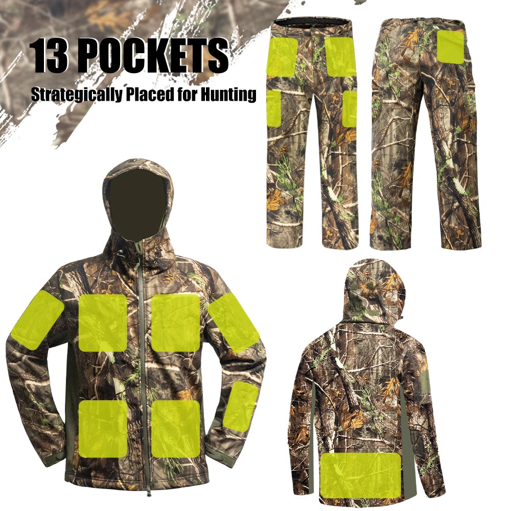 Multifunctional Hunting Clothes with Fleece Lining Safety Strap Compatible Water Resistant Silent Hunting Jacket and Pants