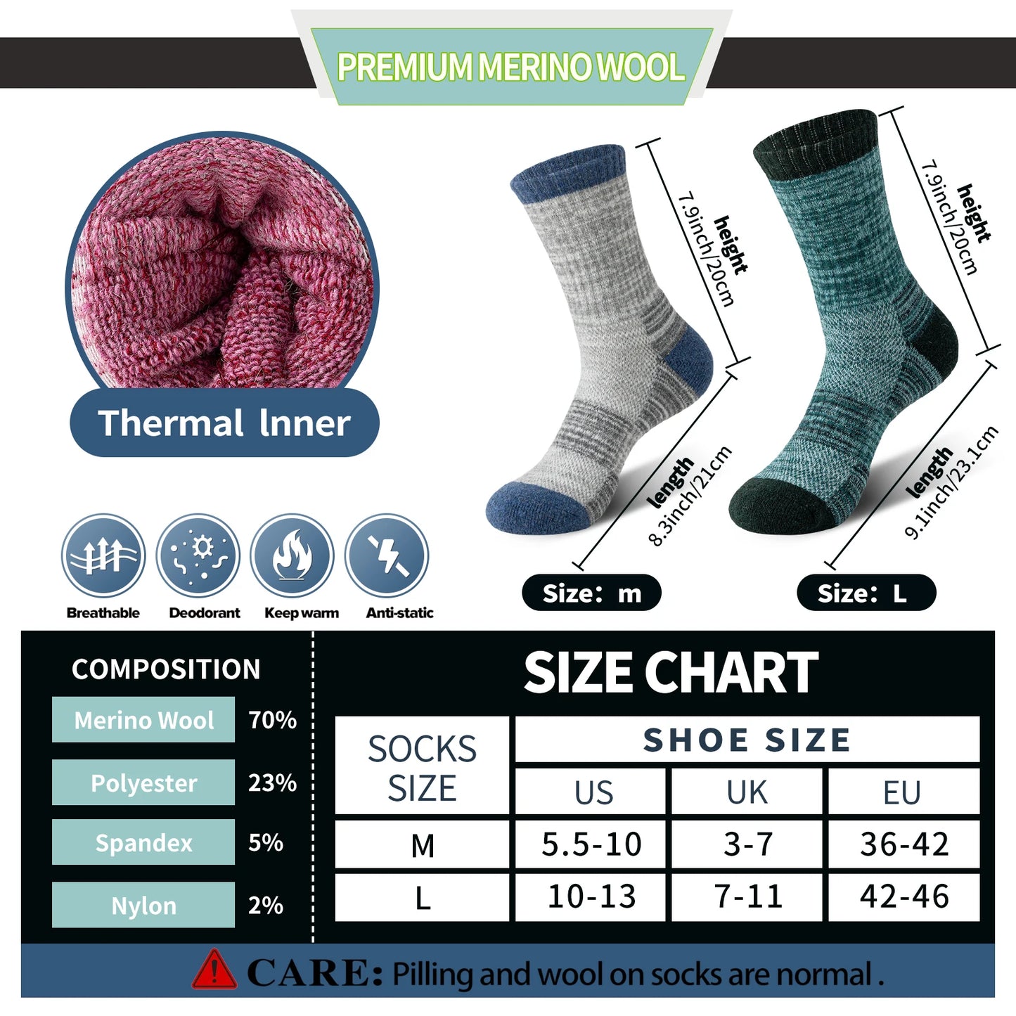 5 Pairs of Merino Wool Hiking Socks