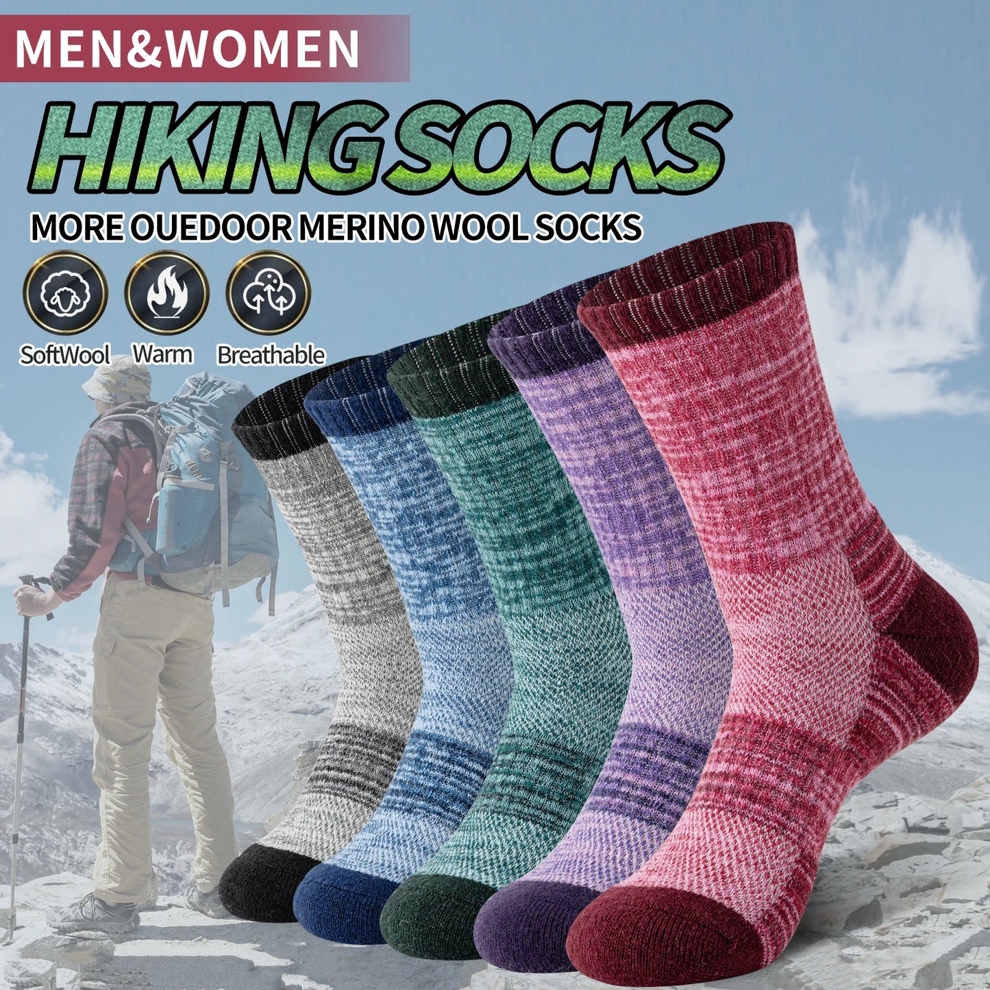 5 Pairs of Merino Wool Hiking Socks