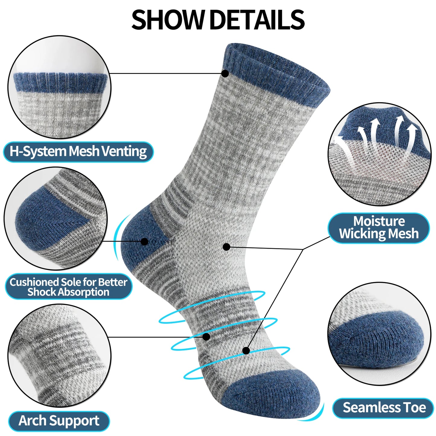 5 Pairs of Merino Wool Hiking Socks,