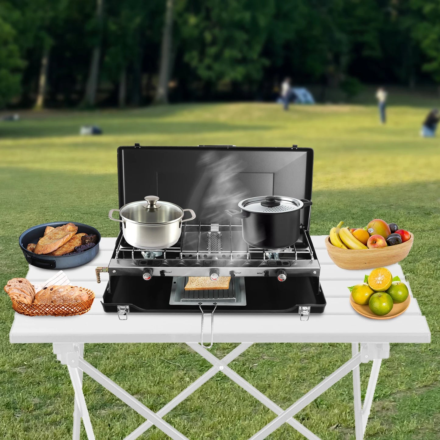 Camping Stove 3 Burner Propane Portable Stove with Regulator, Toast Tray, Windshield for Car Camping BBQ Outdoor Gas Stove